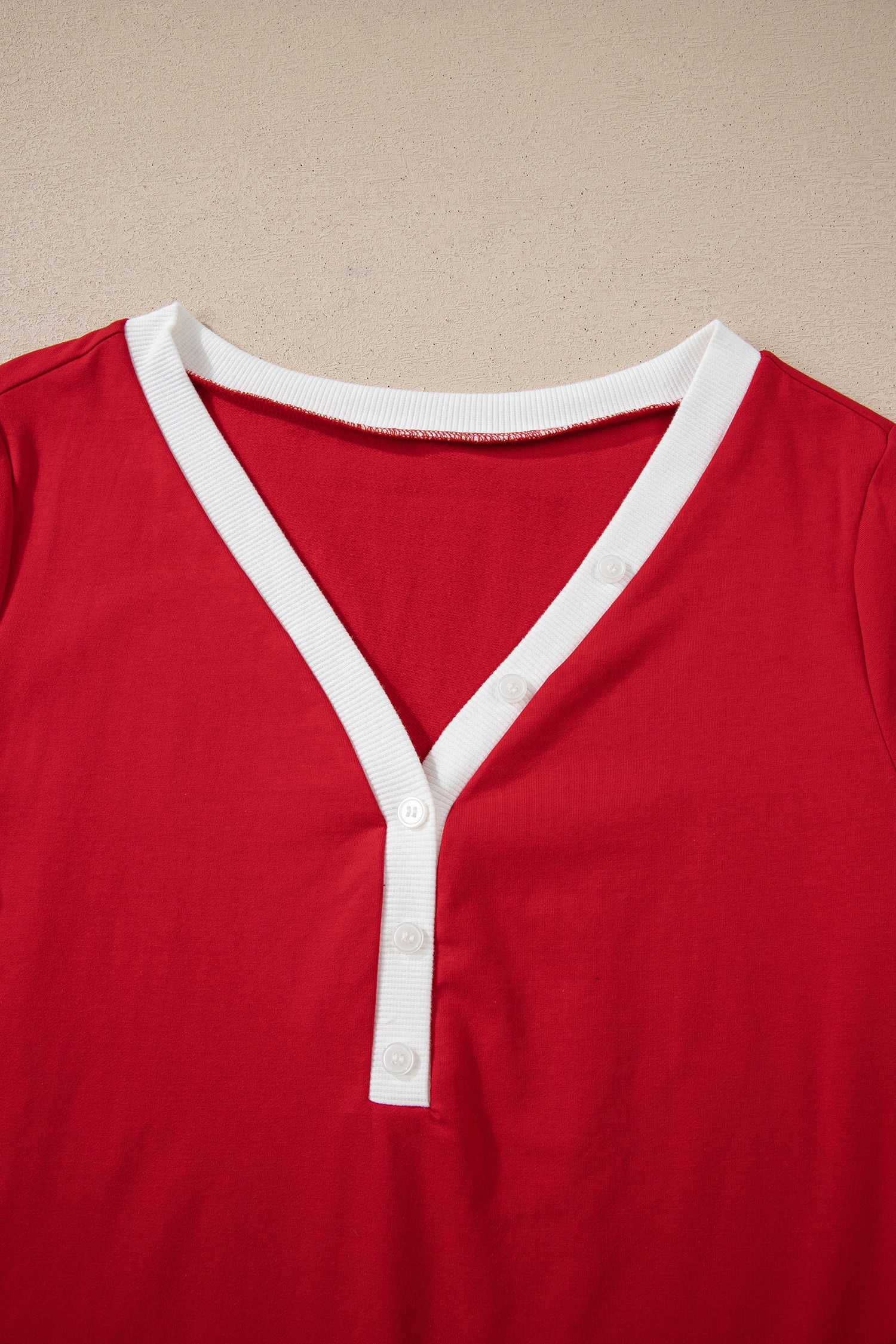 Fiery Red Contrast Trim Button V Neck Ribbon Bow Knot Waist 2pcs Lounge Pant Set-Loungewear & Sleepwear/Loungewear-[Adult]-[Female]-2022 Online Blue Zone Planet
