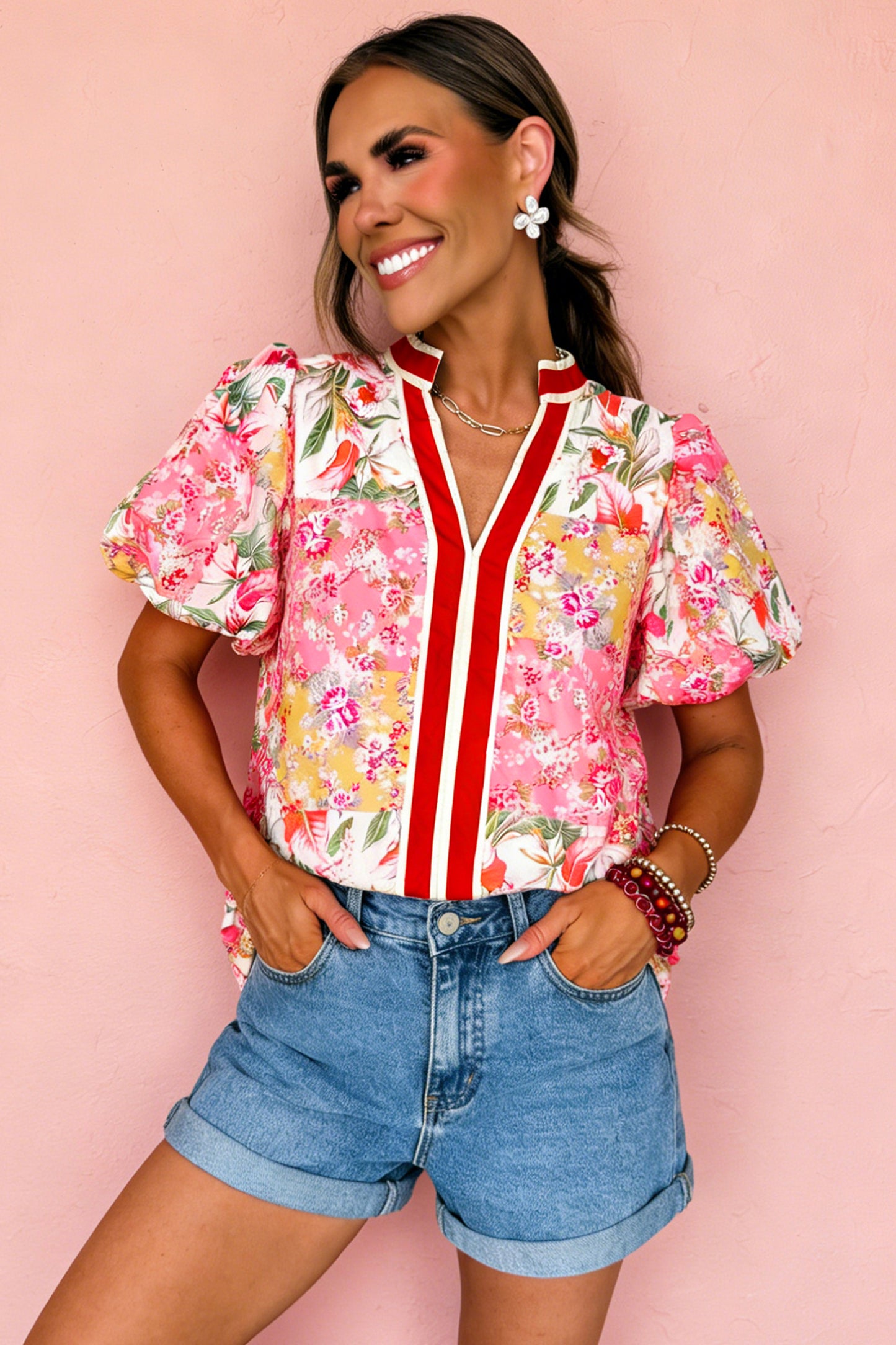 Pink Contrast Collared V Neck Short Sleeve Floral Blouse-Tops/Blouses & Shirts-[Adult]-[Female]-2022 Online Blue Zone Planet