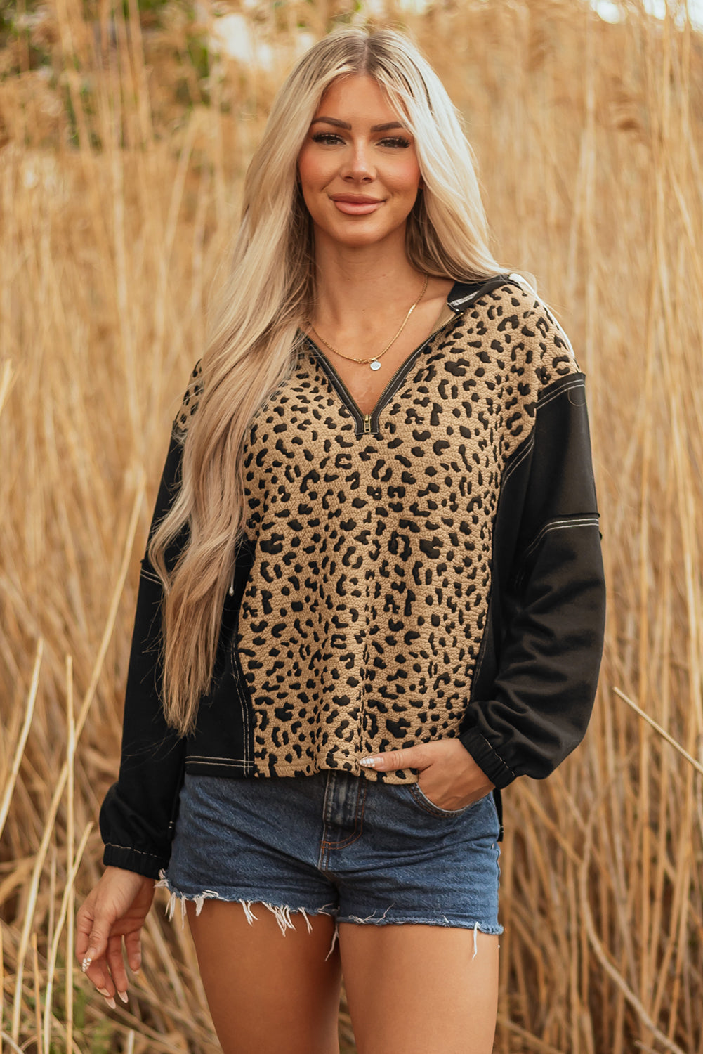 Brown Leopard Patchwork Contrast Stitching Knotted Cuff Quarter Zip Hoodie-Tops/Sweatshirts & Hoodies-[Adult]-[Female]-2022 Online Blue Zone Planet