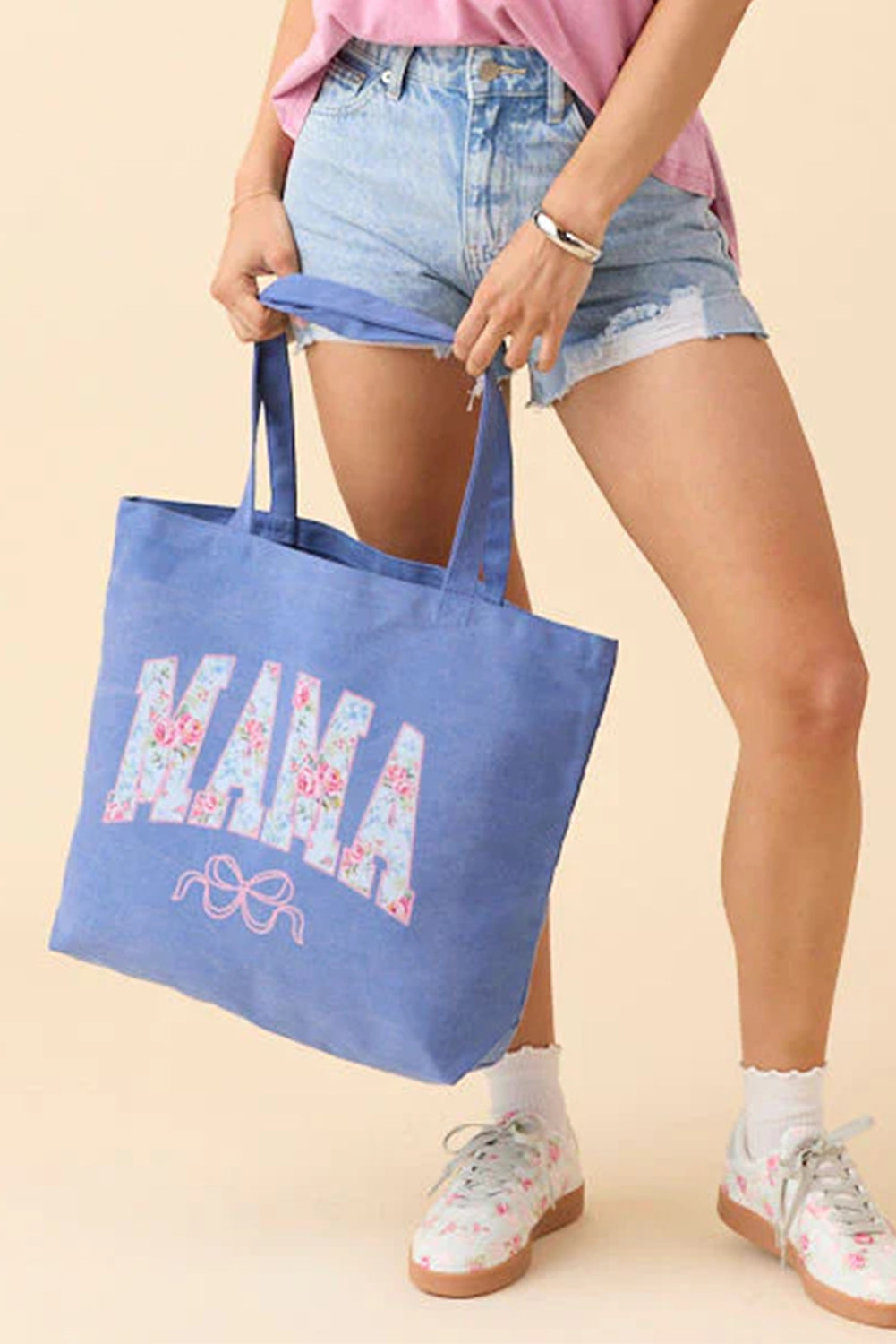 Blue Floral MAMA Letter Bow Print Canvas Tote Bag-Shoes & Bags/Shoulder Bags-[Adult]-[Female]-2022 Online Blue Zone Planet