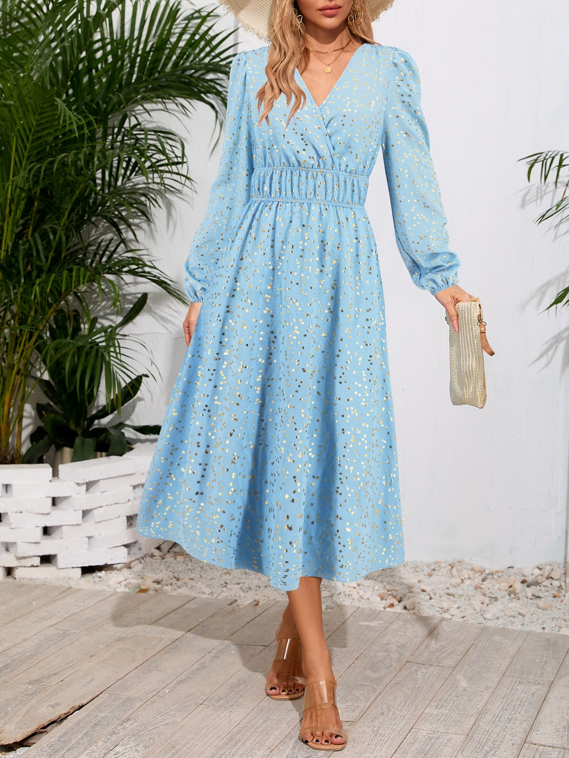 Printed Surplice Long Sleeve Midi Dress-TOPS / DRESSES-[Adult]-[Female]-2022 Online Blue Zone Planet