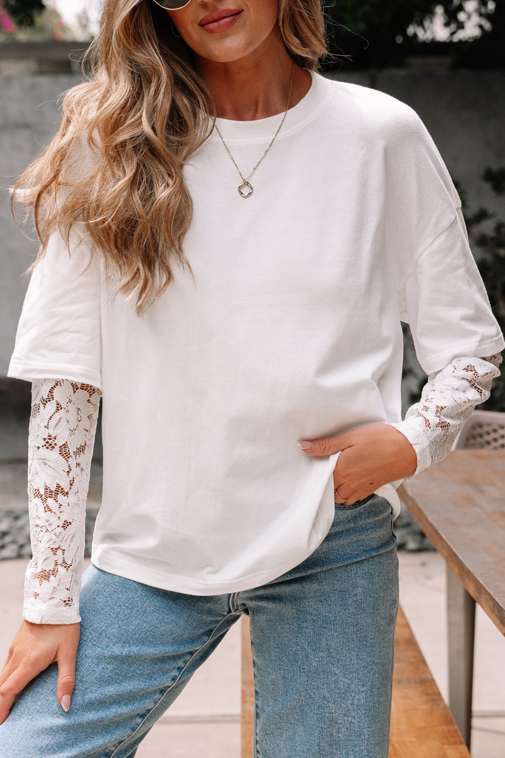 White Lace Long Sleeve Insert Drop Shoulder Tee-Tops/Tops & Tees-[Adult]-[Female]-2022 Online Blue Zone Planet