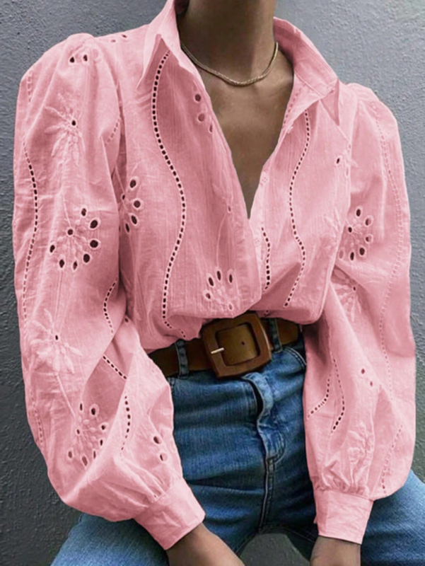 Single Breasted Embroidered Long Sleeve Lapel Shirt-TOPS / DRESSES-[Adult]-[Female]-Pink-S-2022 Online Blue Zone Planet