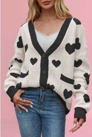 Blue Zone Planet | Valentine's Day Heart Peach Cardigan Pocket V-neck Knitted Jacket-[Adult]-[Female]-Pattern-S-2022 Online Blue Zone Planet