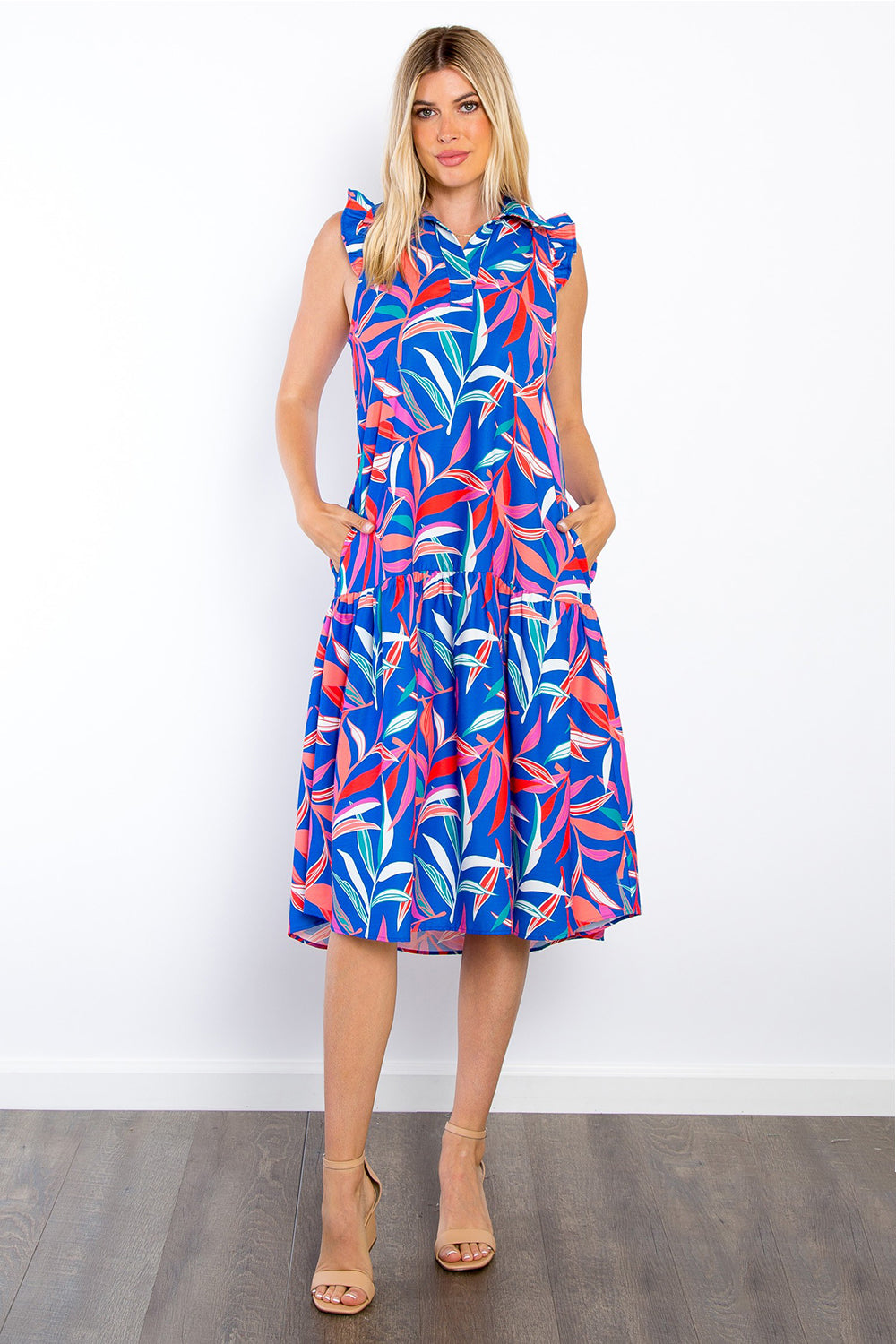 Be Stage Print Ruffled Midi Dress with Pockets-TOPS / DRESSES-[Adult]-[Female]-Royal Blue-S-2022 Online Blue Zone Planet