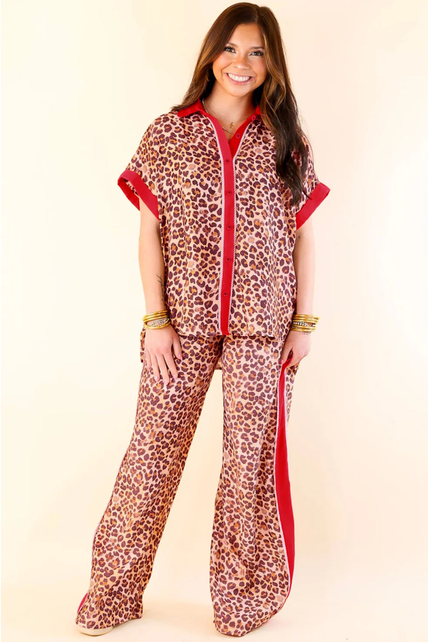 Brown Contrast Trim Leopard Top and Pant Set-Two Piece Sets/Pant Sets-[Adult]-[Female]-2022 Online Blue Zone Planet