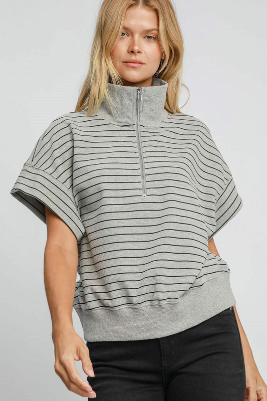 Umgee Striped Half Zip Short Sleeve Sweatshirt-TOPS / DRESSES-[Adult]-[Female]-Gray-S-2022 Online Blue Zone Planet