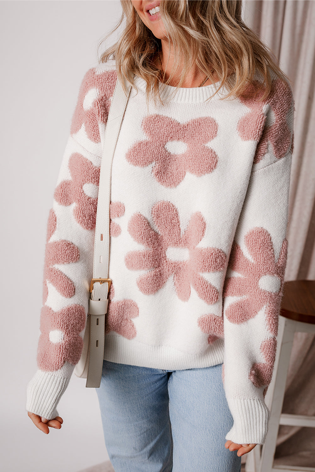 White Textured Flower Drop Shoulder Loose Sweater-Sweaters & Cardigans/Sweaters-[Adult]-[Female]-2022 Online Blue Zone Planet