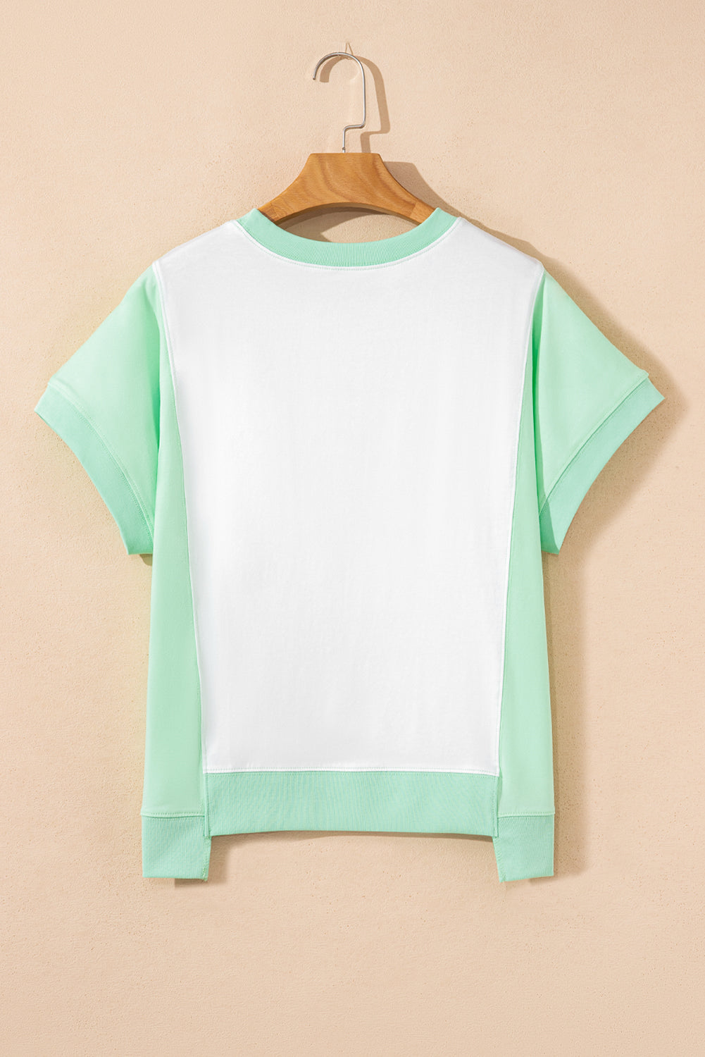 Light Green Color Block Exposed Seam Crew Neck T Shirt-Tops/Tops & Tees-[Adult]-[Female]-2022 Online Blue Zone Planet