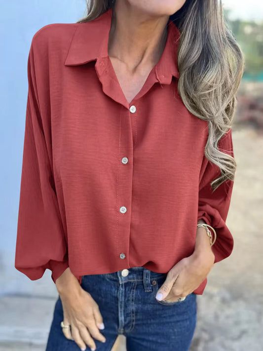 Full Size Collared Neck Long Sleeve Shirt-TOPS / DRESSES-[Adult]-[Female]-Orange-Red-S-2022 Online Blue Zone Planet