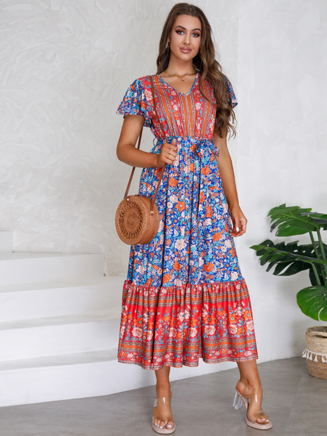 Tied Printed V-Neck Short Sleeve Dress-TOPS / DRESSES-[Adult]-[Female]-2022 Online Blue Zone Planet