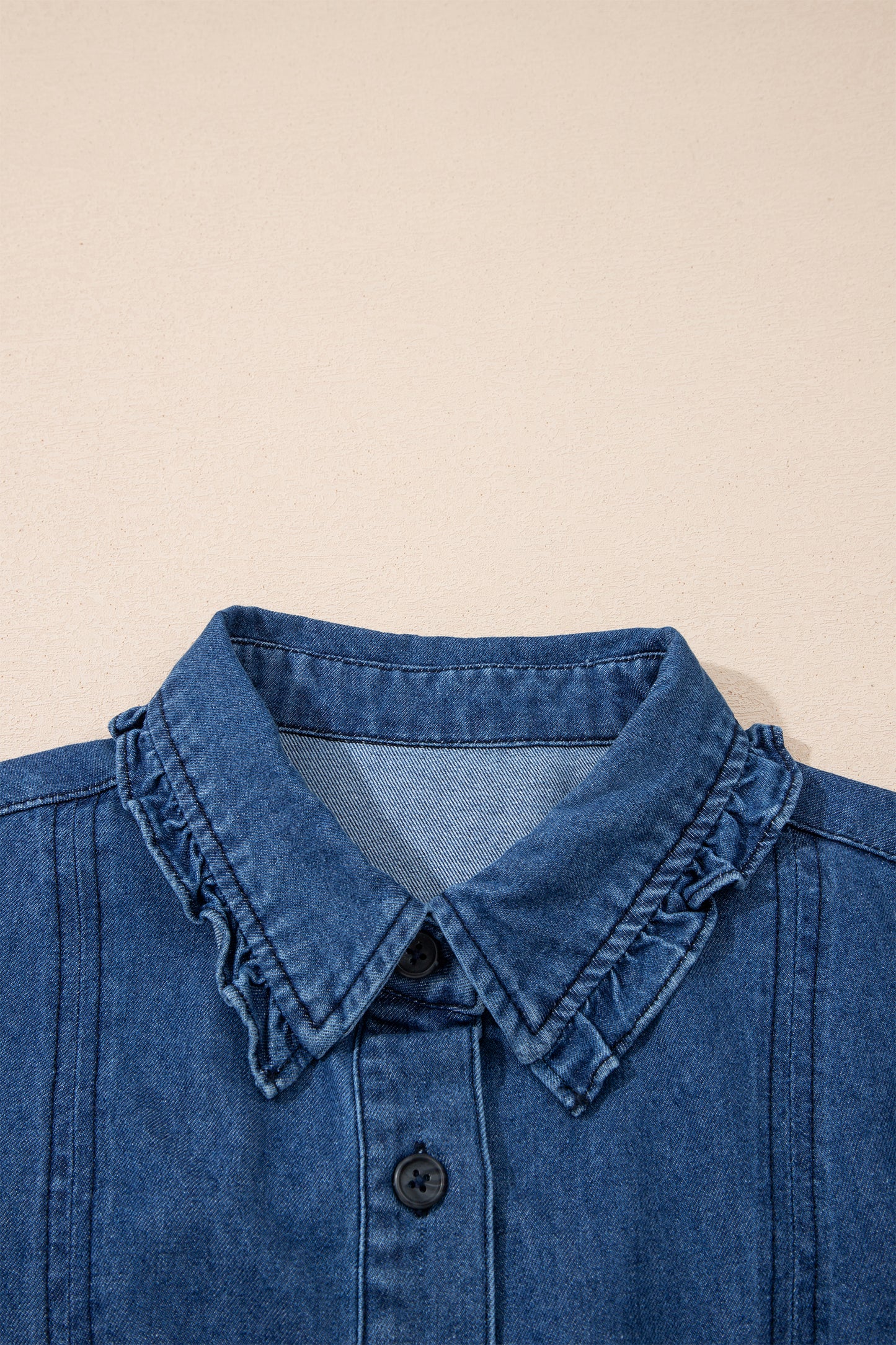 Sail Blue Ruffled Edge Collared Shift Denim Dress with Pockets-TOPS / DRESSES-[Adult]-[Female]-2022 Online Blue Zone Planet