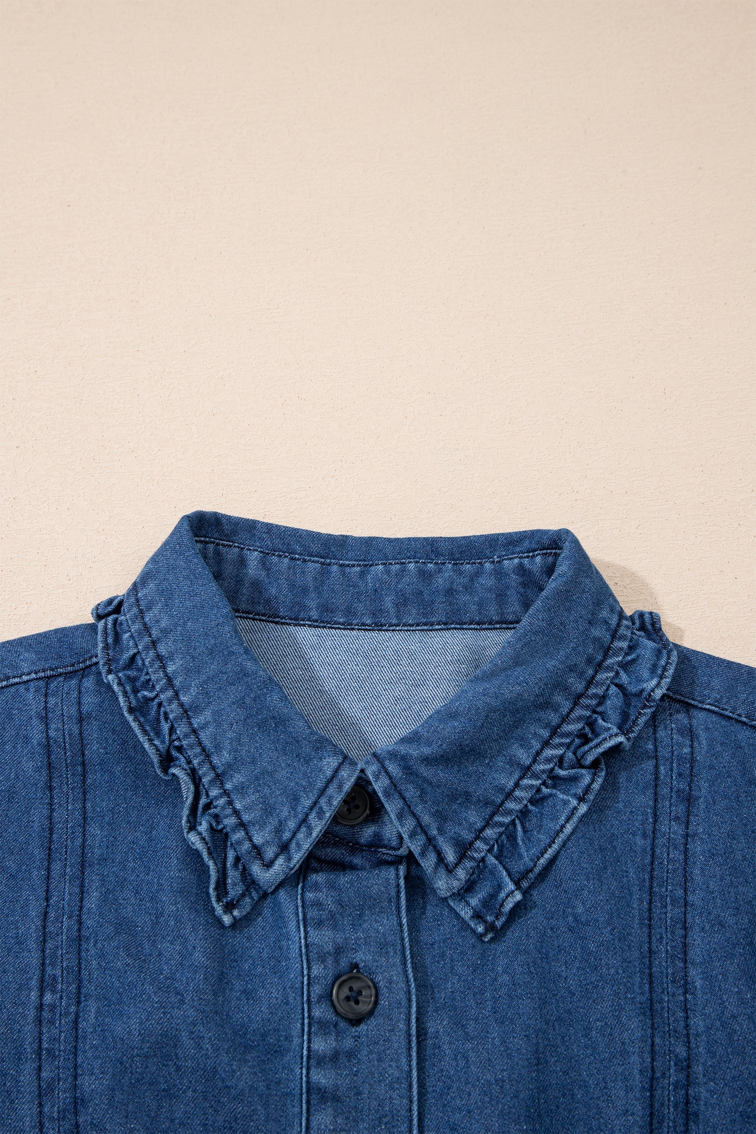 Sail Blue Ruffled Edge Collared Shift Denim Dress with Pockets-TOPS / DRESSES-[Adult]-[Female]-2022 Online Blue Zone Planet