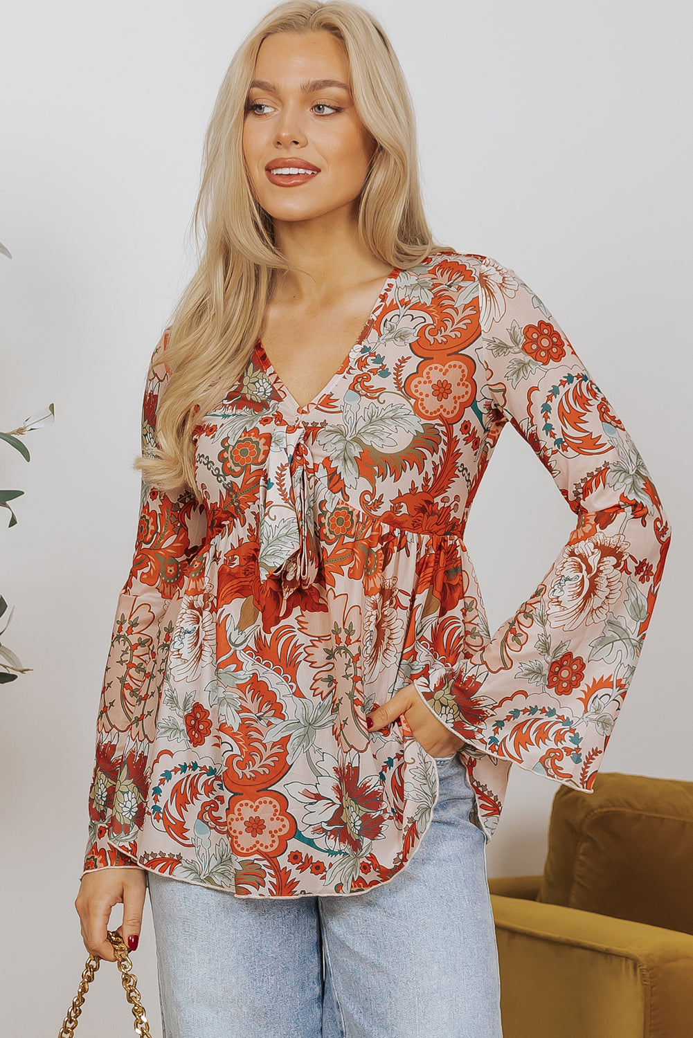 Blue Zone Planet | Orange Floral Print Deep V Neck Knot Bell Sleeve Blouse-Tops/Blouses & Shirts-[Adult]-[Female]-2022 Online Blue Zone Planet