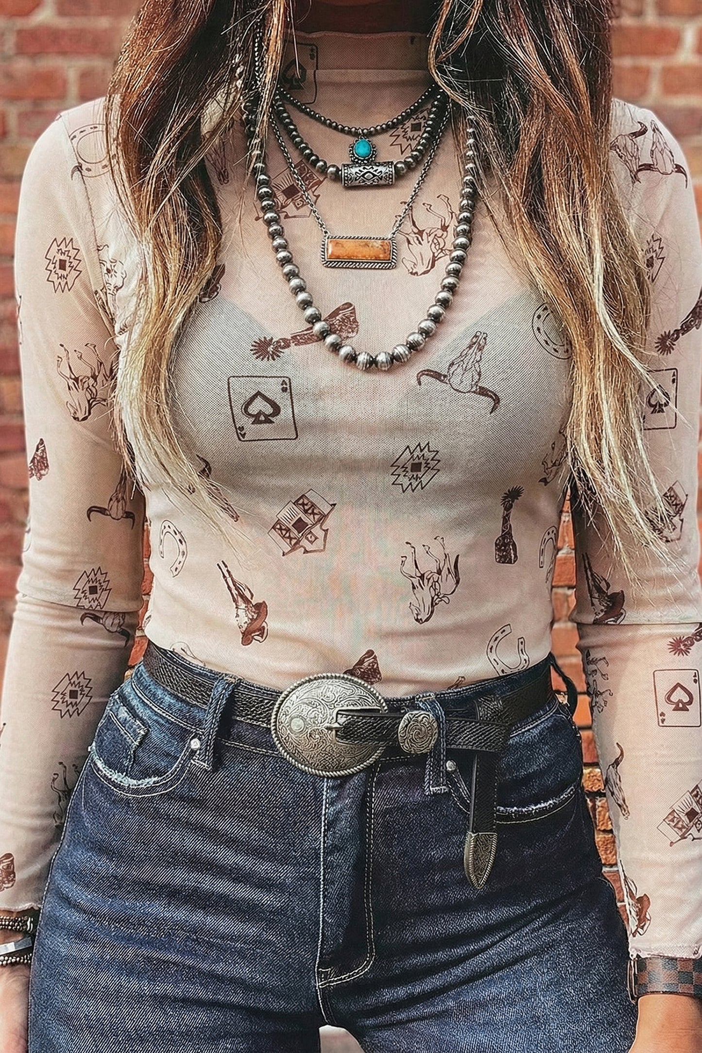 Smoke Gray Floral Print Slim Fit Mesh Long Sleeve Mock Neck Top