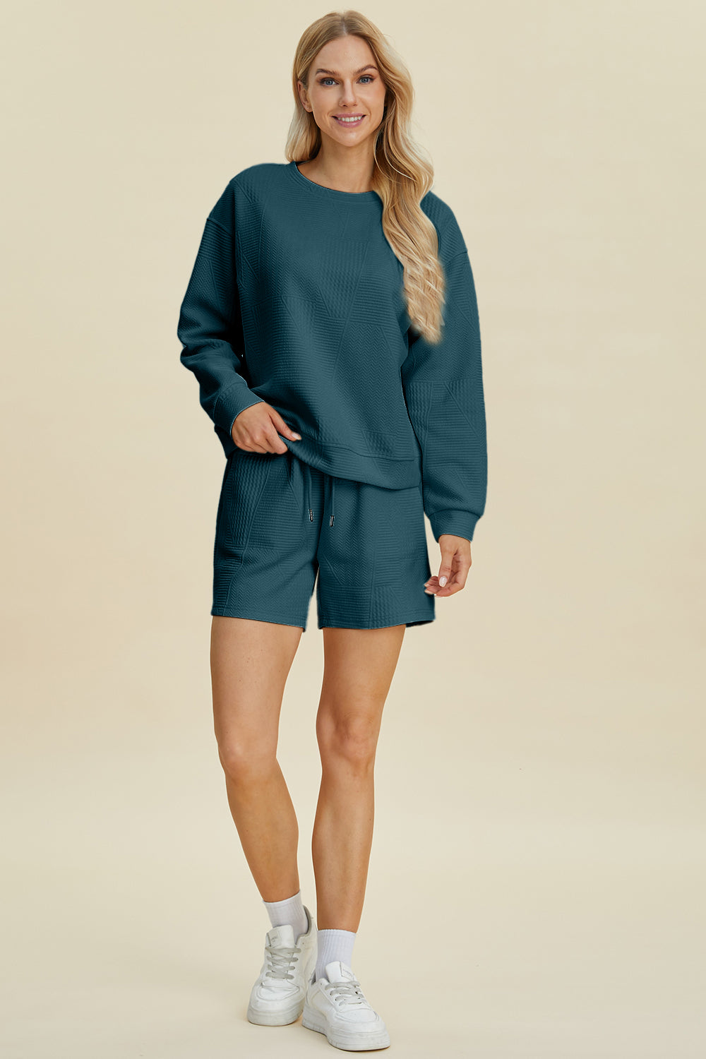 Double Take Full Size Texture Round Neck Long Sleeve Top and Shorts Set-TOPS / DRESSES-[Adult]-[Female]-2022 Online Blue Zone Planet