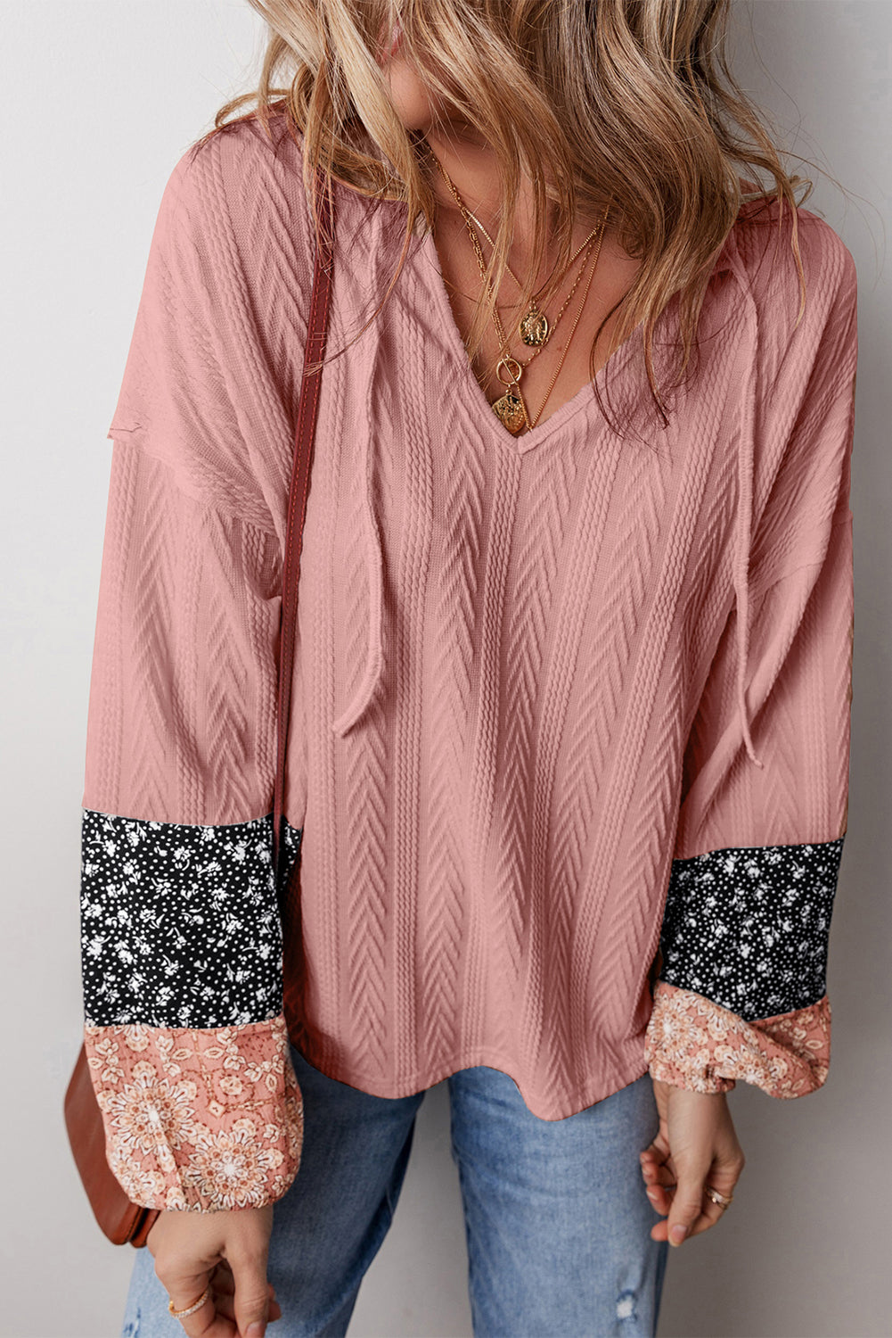 Dusty Pink Floral Patchwork Textured Knit Drawstring V Neck Blouse-Tops/Blouses & Shirts-[Adult]-[Female]-Dusty Pink-S-2022 Online Blue Zone Planet