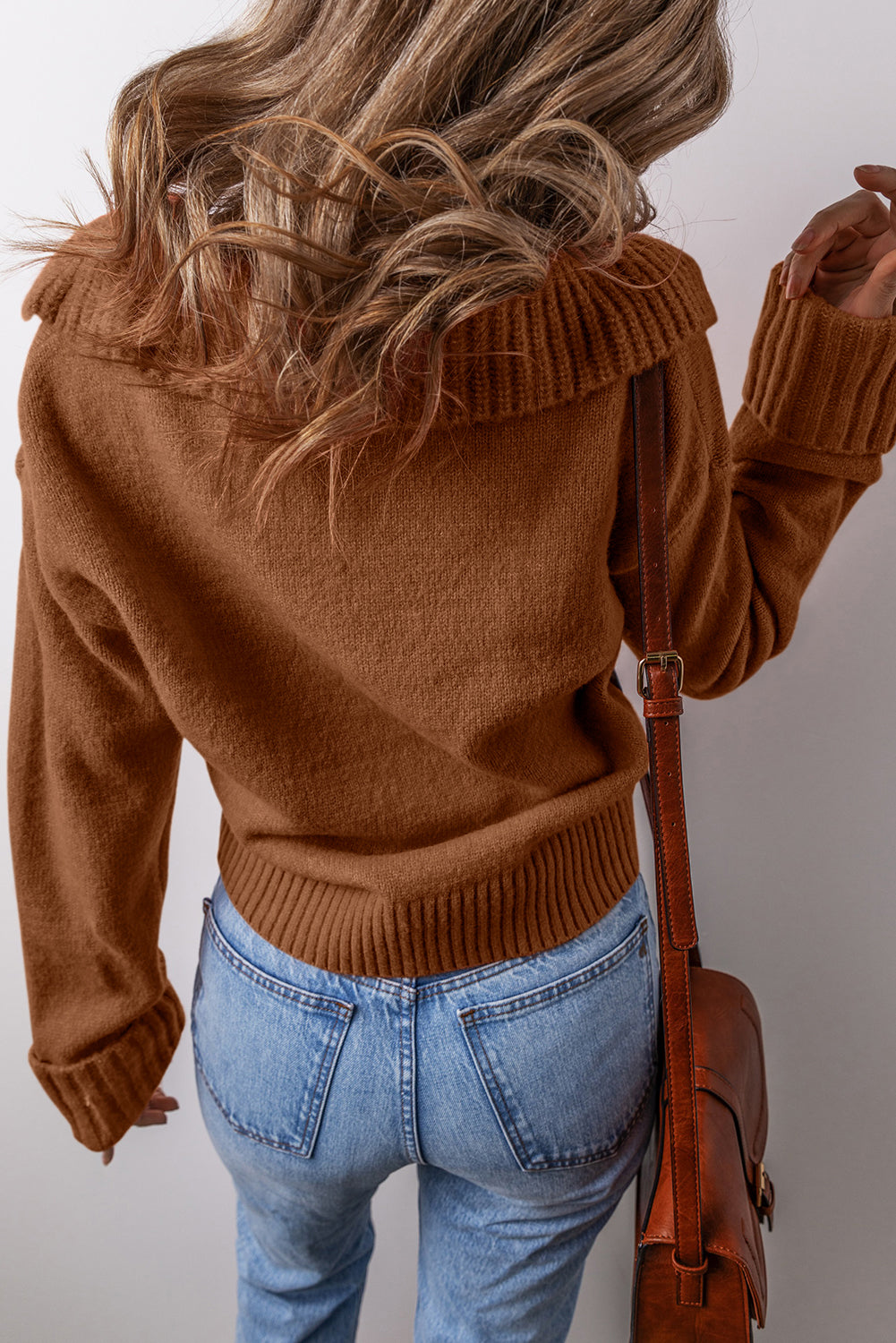 Chestnut Collared V Neck Ribbed Edge Sexy Elegant Sweater-Sweaters & Cardigans/Sweaters-[Adult]-[Female]-2022 Online Blue Zone Planet