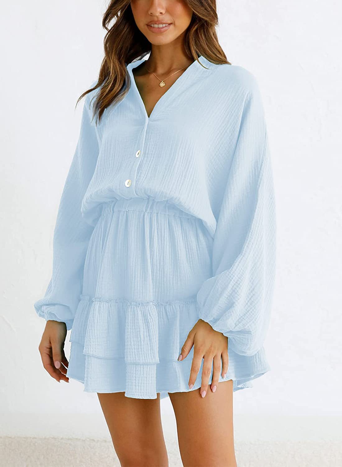 Ruffled Notched Balloon Sleeve Mini Dress-TOPS / DRESSES-[Adult]-[Female]-2022 Online Blue Zone Planet