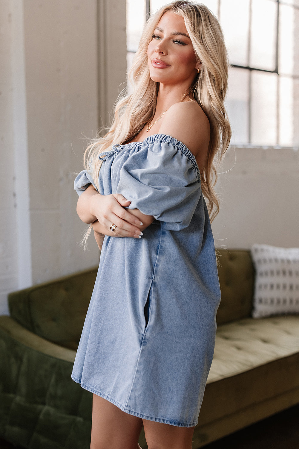 Myosotis Bubble Sleeve Square Neck Denim Babydoll Dress-Dresses/Mini Dresses-[Adult]-[Female]-2022 Online Blue Zone Planet