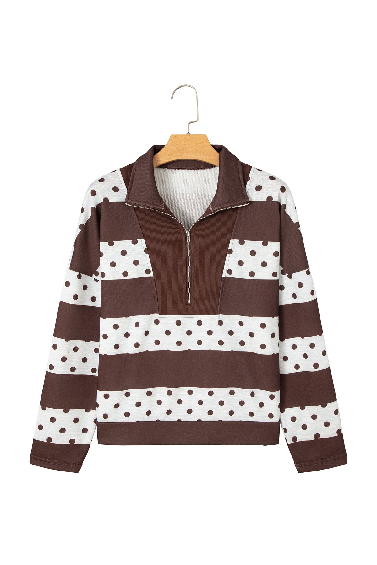 Brown Stripe Patchwork Polka Dot Accent Quarter Zip Long Sleeve Top-Tops/Long Sleeve Tops-[Adult]-[Female]-2022 Online Blue Zone Planet
