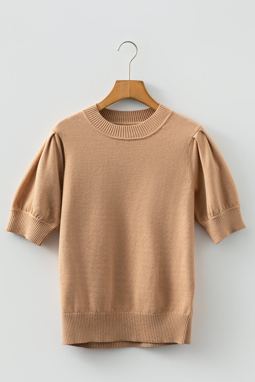 Light French Beige Solid Color Knit Short Puff Sleeve Sweater-Sweaters & Cardigans/Short Sleeve Sweaters-[Adult]-[Female]-2022 Online Blue Zone Planet