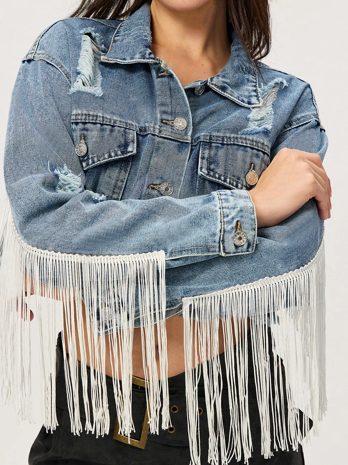 Blue Zone Planet | Distressed Fringe Collared Neck Cropped Denim Top-TOPS / DRESSES-[Adult]-[Female]-Medium-XS-2022 Online Blue Zone Planet