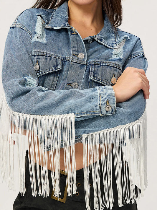 Blue Zone Planet | Distressed Fringe Collared Neck Cropped Denim Top-TOPS / DRESSES-[Adult]-[Female]-Medium-XS-2022 Online Blue Zone Planet