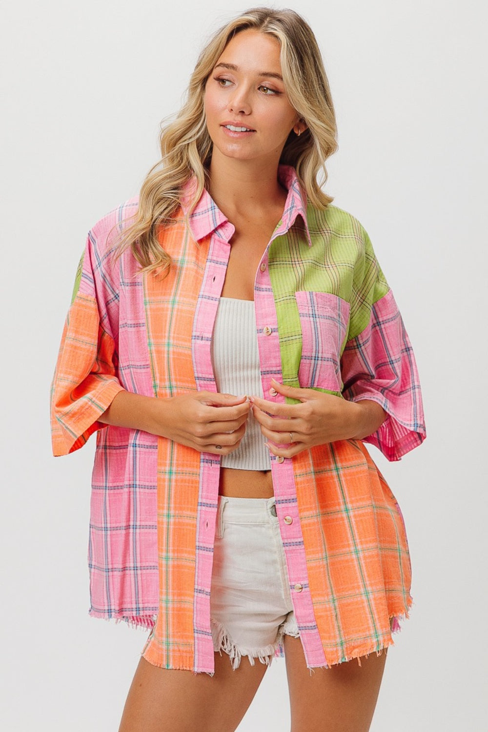 BiBi Plaid Collared Neck Half Sleeve Shirt-TOPS / DRESSES-[Adult]-[Female]-2022 Online Blue Zone Planet