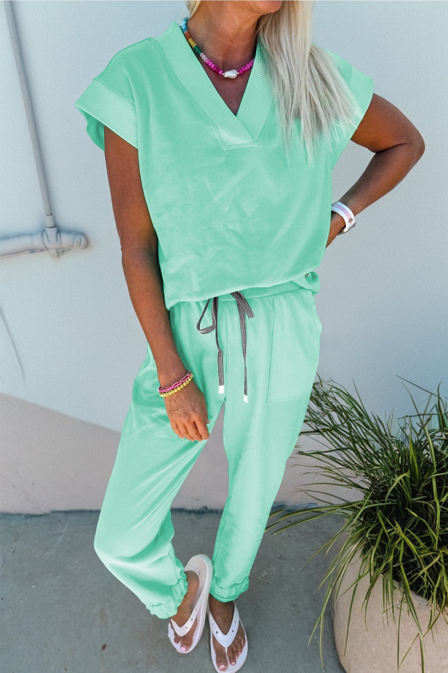 Mint Green Solid Color V Neck Tee Drawstring Pant Set-Two Piece Sets/Pant Sets-[Adult]-[Female]-Mint Green-S-2022 Online Blue Zone Planet