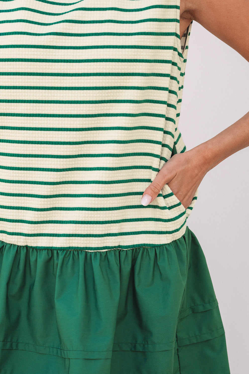 Green Stripe Woven Ruffled Sleeveless Mini Dress-Dresses/Mini Dresses-[Adult]-[Female]-2022 Online Blue Zone Planet