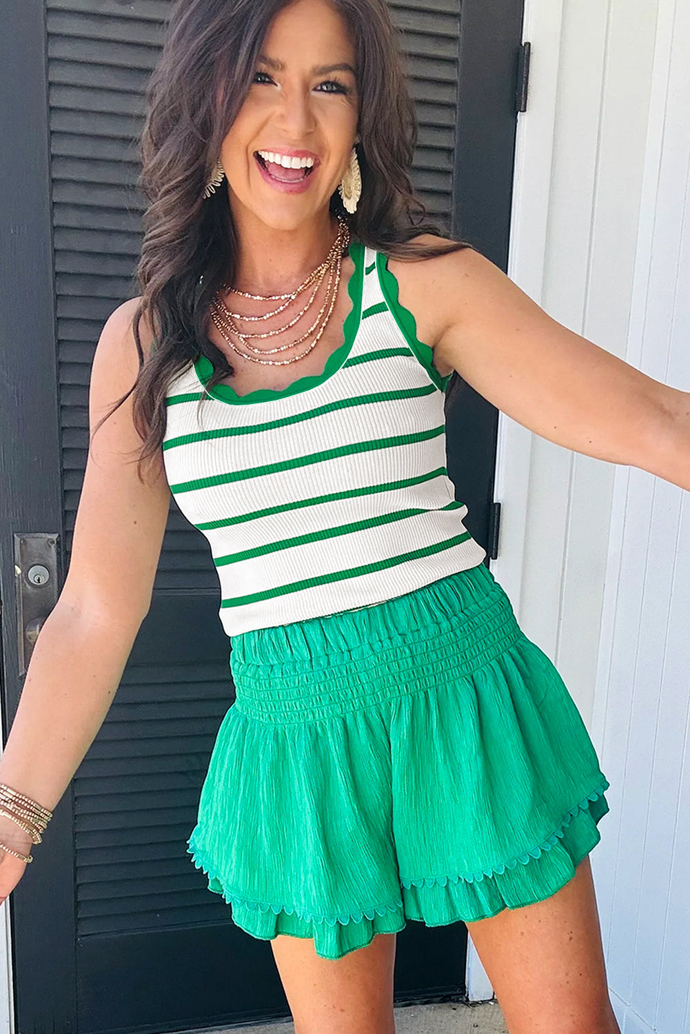 Bright Green Striped Scalloped Edge U Neck Sleeveless Sweater Vest-Sweaters & Cardigans/Sweater Vests-[Adult]-[Female]-2022 Online Blue Zone Planet