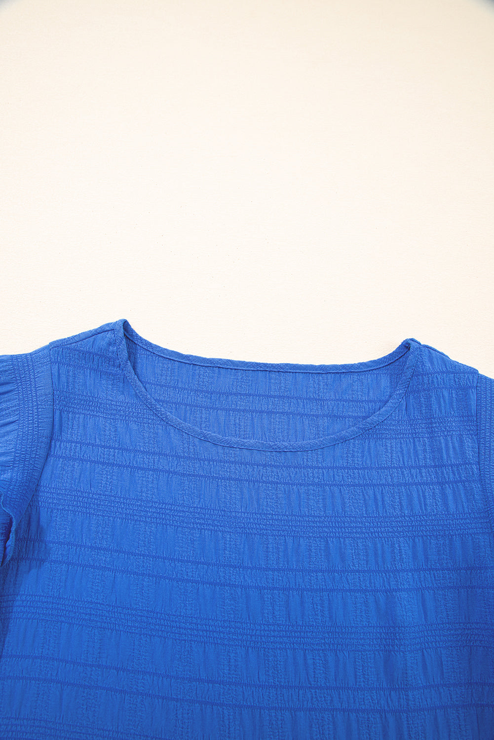 Dark Blue Textured Ruffled Sleeve Round Neck Top-Tops/Tops & Tees-[Adult]-[Female]-2022 Online Blue Zone Planet