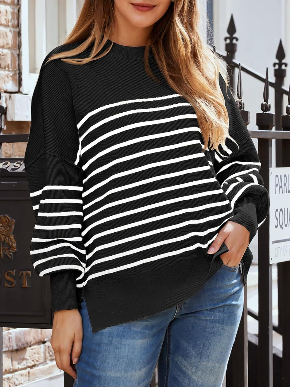 Blue Zone Planet | Striped Round Neck Long Sleeve Sweatshirt-TOPS / DRESSES-[Adult]-[Female]-2022 Online Blue Zone Planet