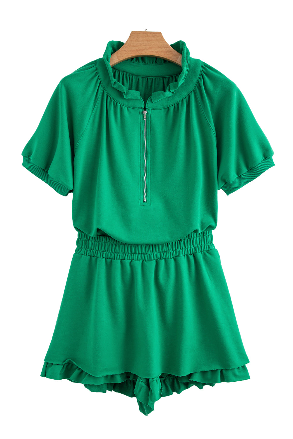 Sea Green Half Zip Puff Sleeve Top and Ruffled Shorts Set-Two Piece Sets/Short Sets-[Adult]-[Female]-2022 Online Blue Zone Planet