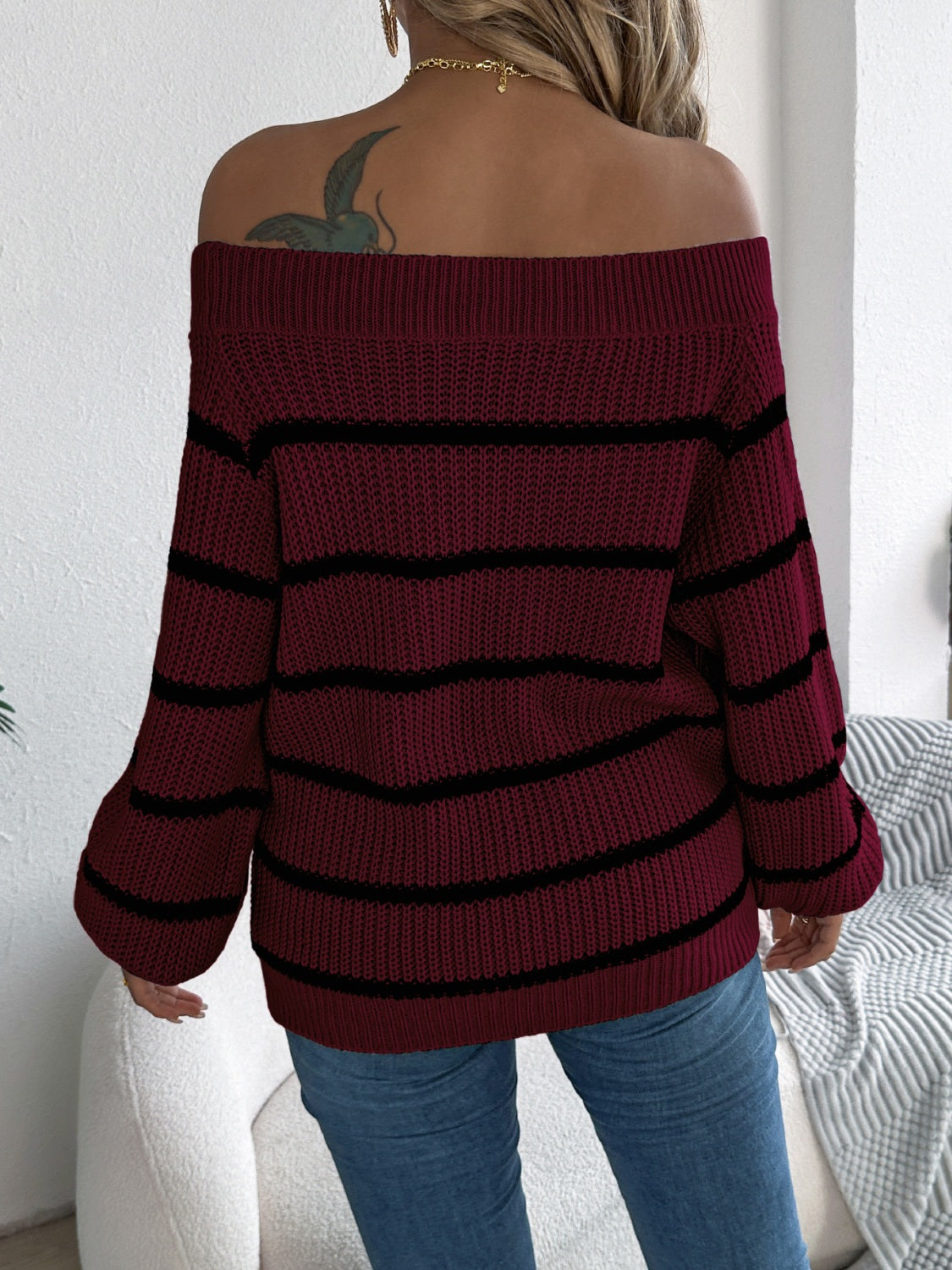 Striped Off-Shoulder Long Sleeve Sweater-TOPS / DRESSES-[Adult]-[Female]-2022 Online Blue Zone Planet