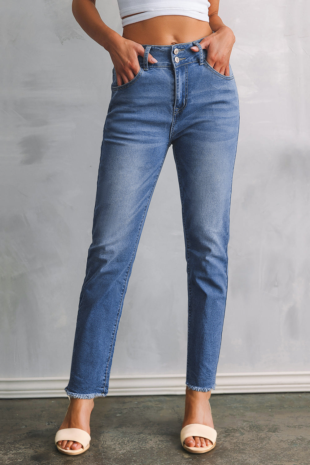 Sky Blue Double Button Raw Hem Slim Fit Jeans-Bottoms/Jeans-[Adult]-[Female]-Sky Blue-4-SHORT-2022 Online Blue Zone Planet