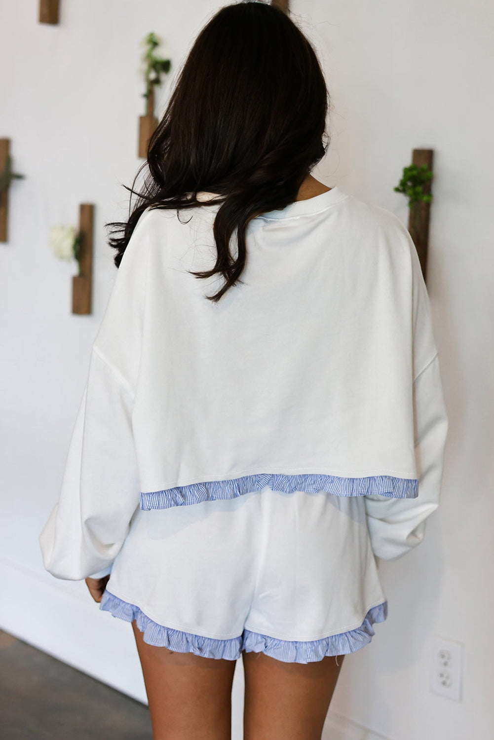Yellow Cream Plaid Ruffled Patchwork Drop Shoulder Pullover and Drawstring Elastic Waist Shorts Matching Set-Two Piece Sets/Short Sets-[Adult]-[Female]-2022 Online Blue Zone Planet