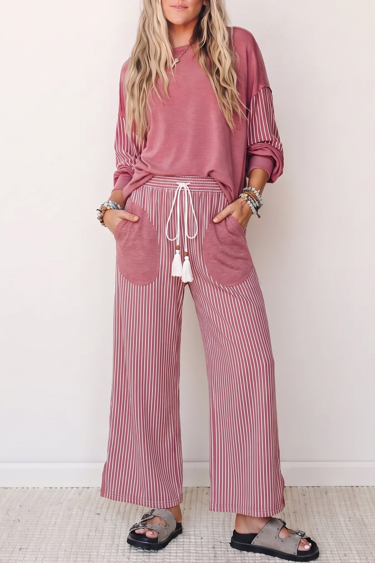Fushia Raw Seam Patchwork Long Sleeve Top Pocket Casual Pants 2pcs Set-Two Piece Sets/Pant Sets-[Adult]-[Female]-2022 Online Blue Zone Planet