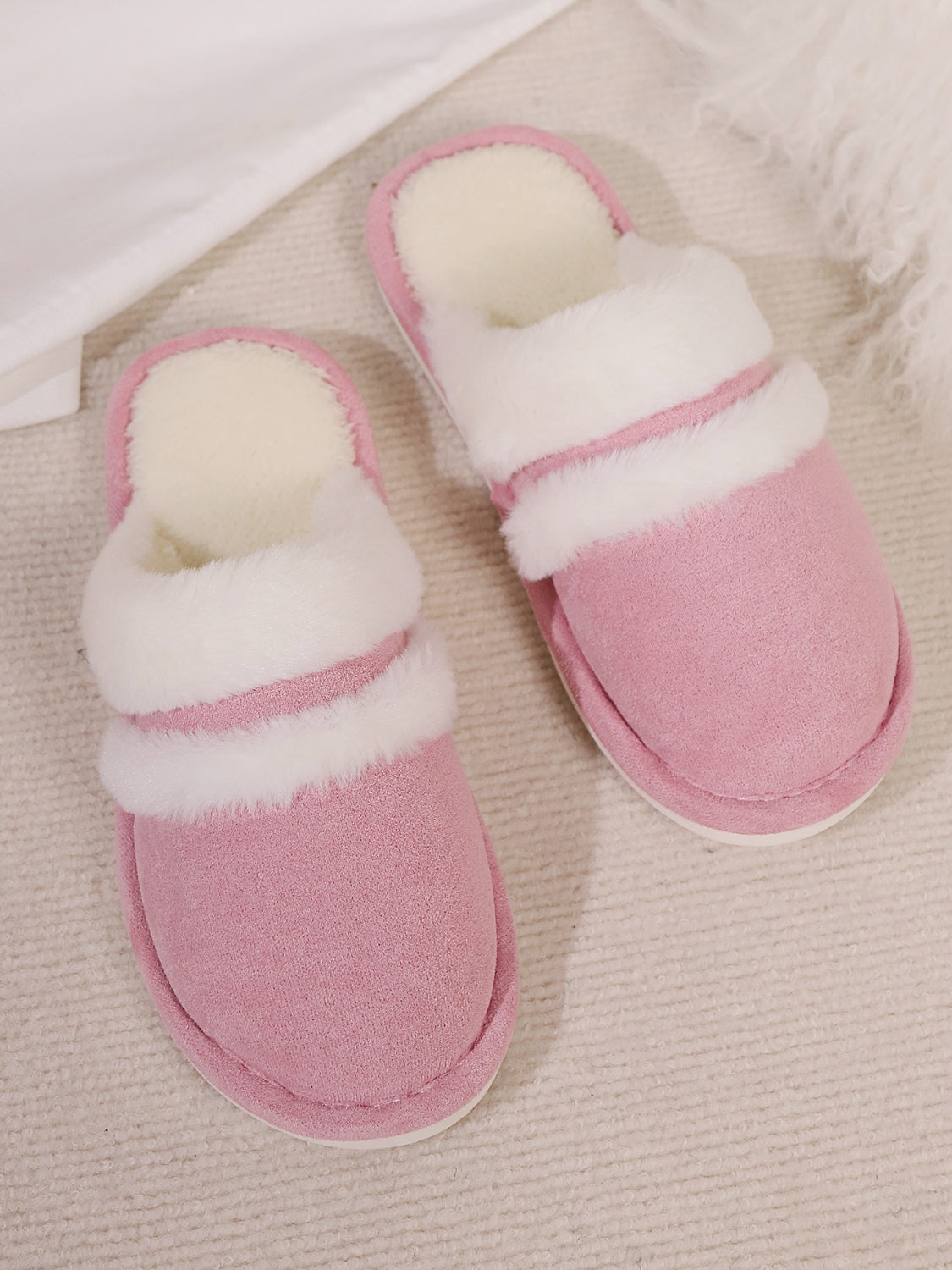 Contrast Faux Fur Round Toe Slippers-SHOES-[Adult]-[Female]-2022 Online Blue Zone Planet