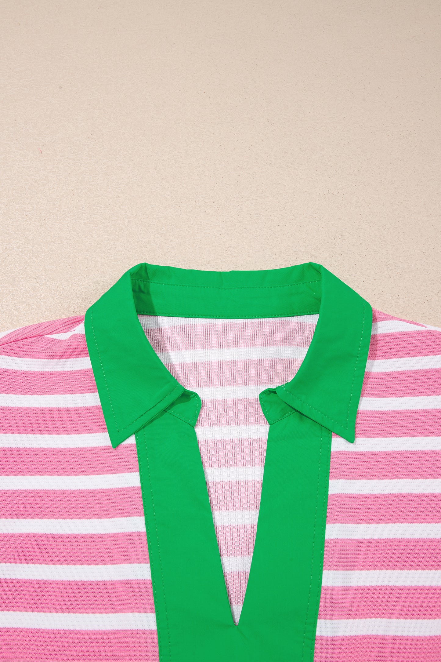 Pink Stripe Short Puff Sleeve Color Block Polo Collar Blouse-Tops/Blouses & Shirts-[Adult]-[Female]-2022 Online Blue Zone Planet