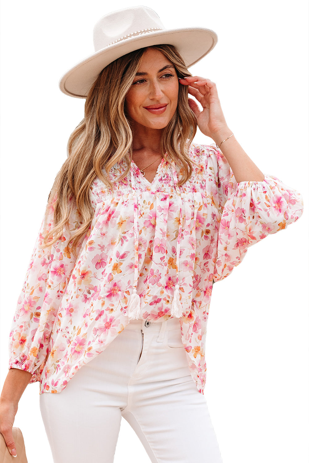 Pink Floral Print Tassel Tie Smocked V Neck Puff Sleeve Tunic Blouse-Tops/Blouses & Shirts-[Adult]-[Female]-2022 Online Blue Zone Planet