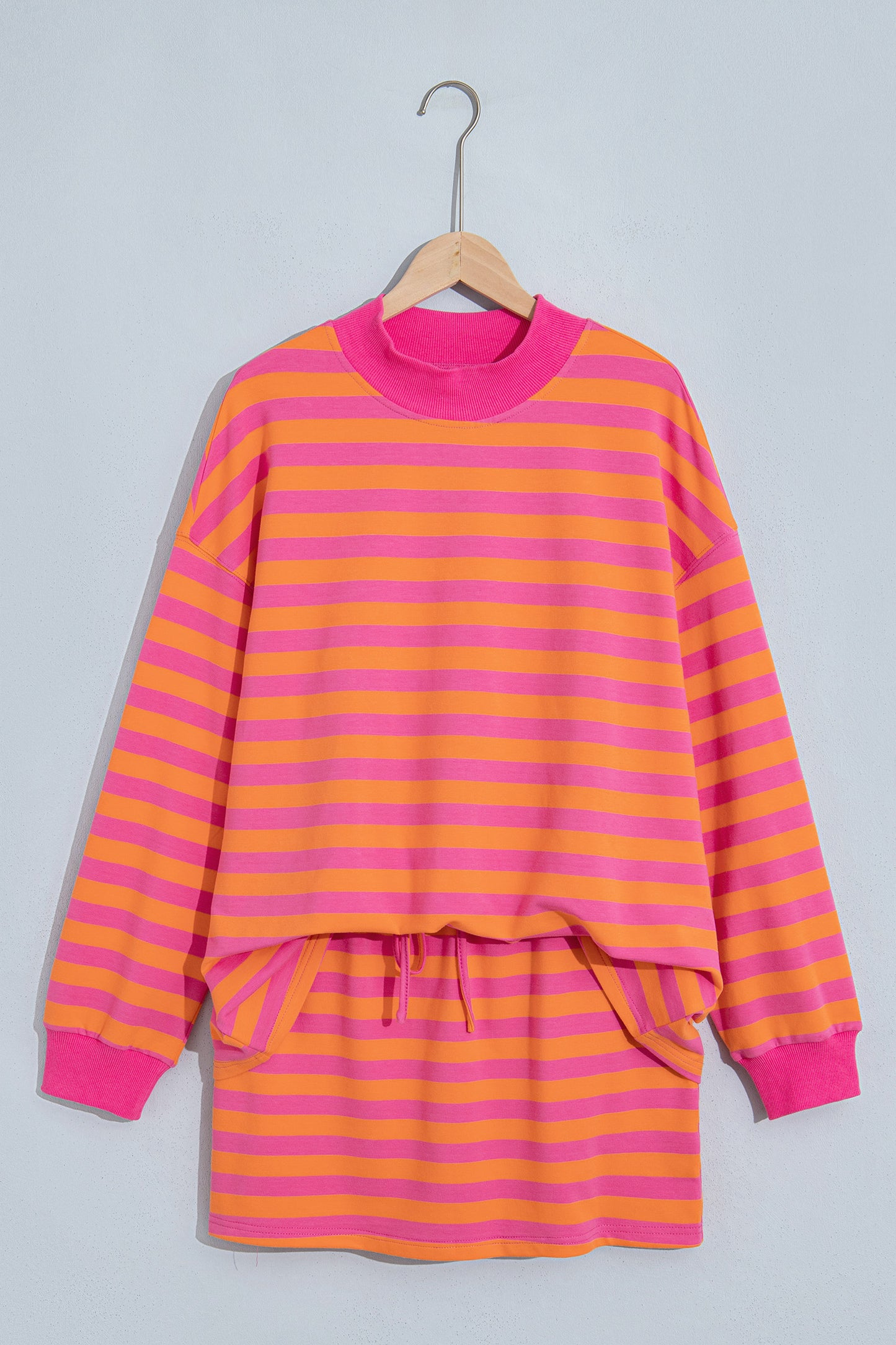 Orange Stripe Color Block Patchwork Mock Neck Pullover Drawstring Mini Skort Set