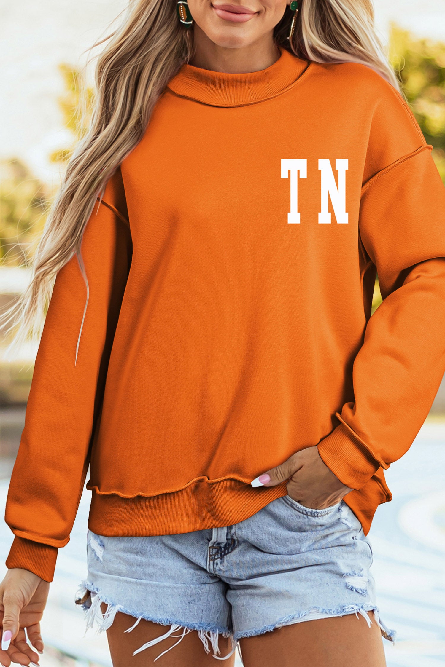 Carrot TN TENNESSEE Letter Print Exposed Seam Detail High Neck Sweatshirt-Graphic/Graphic Sweatshirts-[Adult]-[Female]-Carrot-S-2022 Online Blue Zone Planet