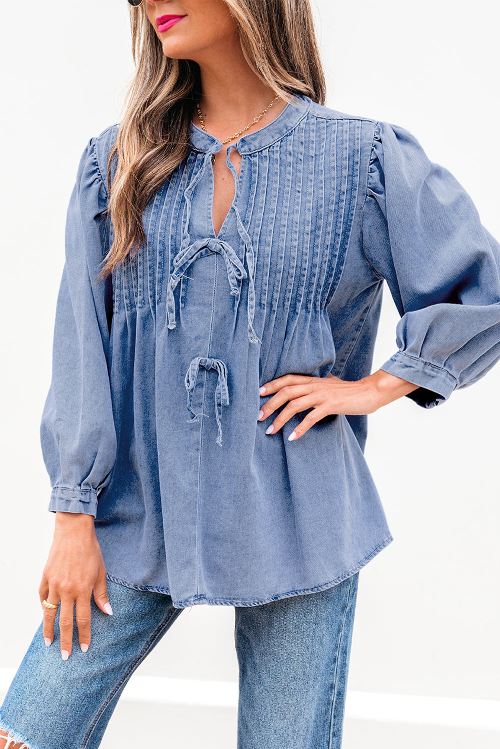 Blue Zone Planet | Myosotis Denim Front Pintuck Bow Tie Puff Sleeve Top-Tops/Blouses & Shirts-[Adult]-[Female]-2022 Online Blue Zone Planet