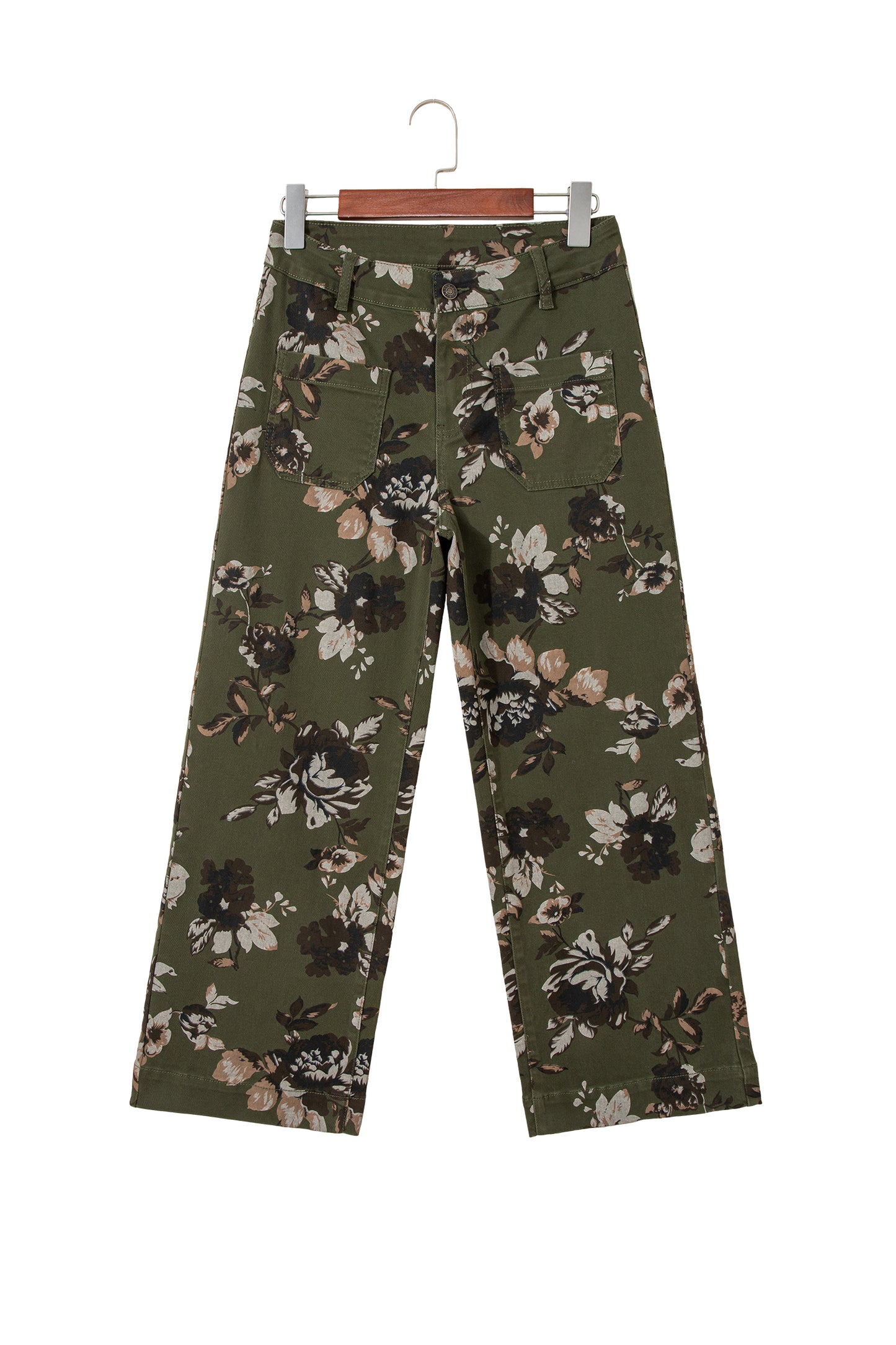 Green Vintage Floral Print Square Patch Pocket Raw Hem Shift Jeans-Bottoms/Jeans-[Adult]-[Female]-2022 Online Blue Zone Planet