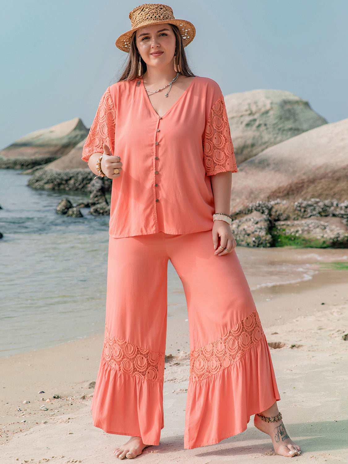 Plus Size Button Up Half Sleeve Top and Pants Set-BOTTOMS SIZES SMALL MEDIUM LARGE-[Adult]-[Female]-2022 Online Blue Zone Planet