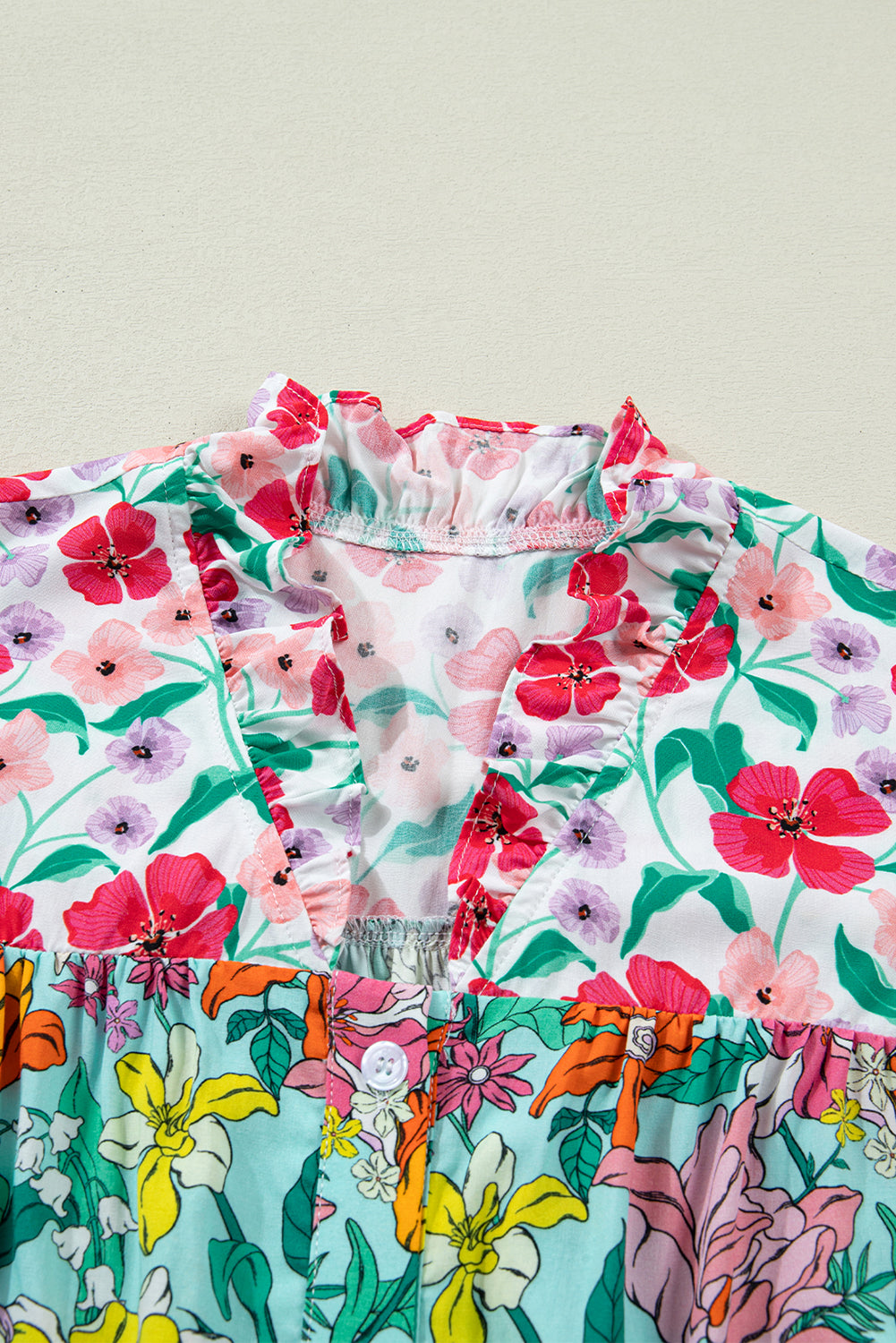 Sky Blue Floral Print Split Neck Button Front Flutter Sleeve Blouse-Tops/Blouses & Shirts-[Adult]-[Female]-2022 Online Blue Zone Planet