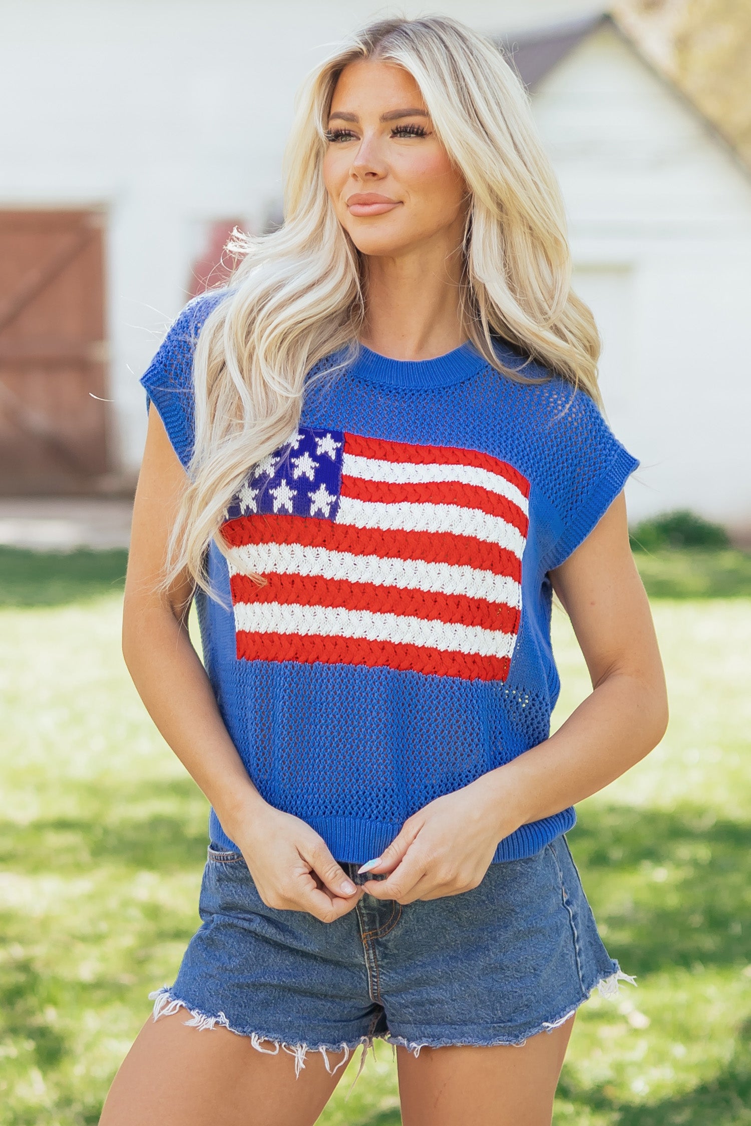 Sky Blue Flag Graphic Short Sleeve Sweater Top-TOPS / DRESSES-[Adult]-[Female]-2022 Online Blue Zone Planet