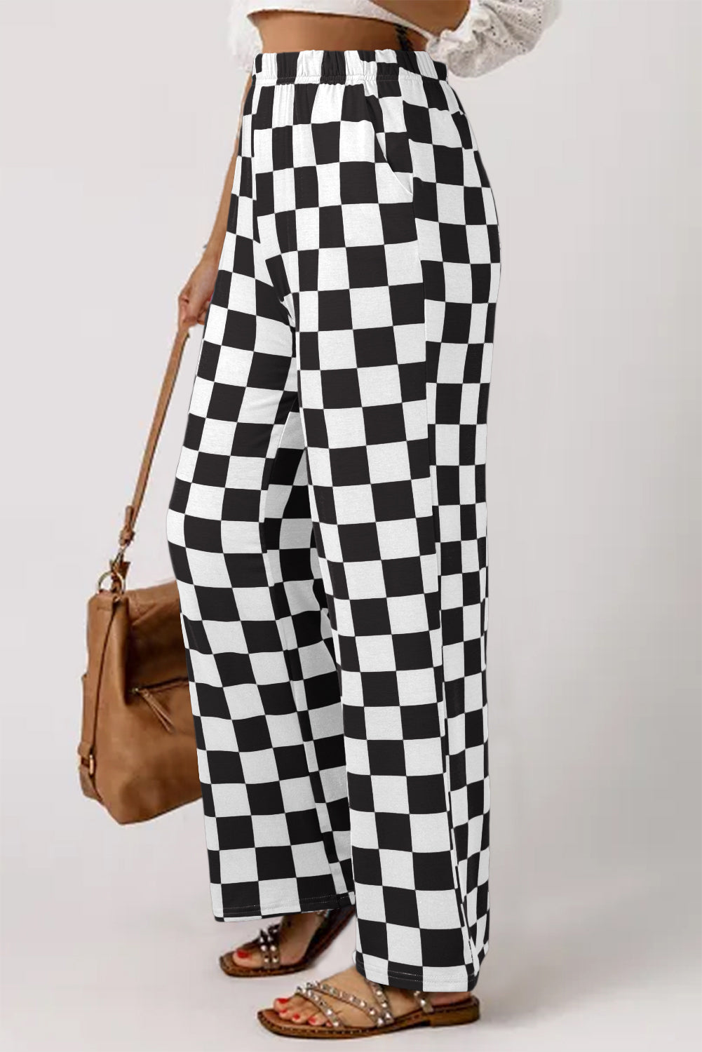 Blue Zone Planet | Black 2-Tone Checked Print High Waist Wide Leg Pants-Bottoms/Pants & Culotte-[Adult]-[Female]-2022 Online Blue Zone Planet